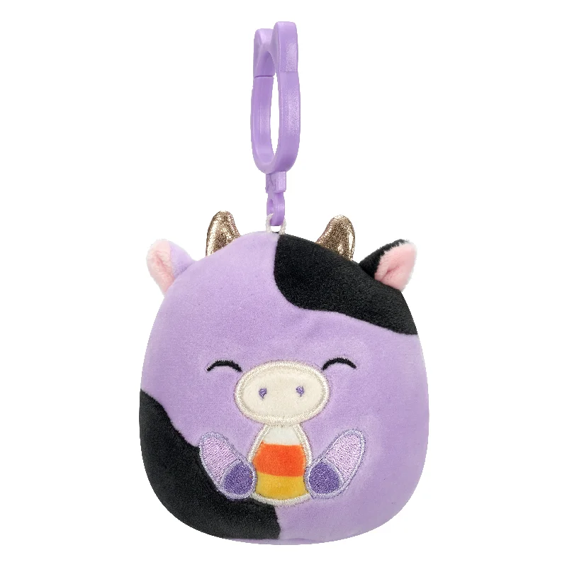 Halloween Squishmallow Alexie the Purple Cow with Closed Eyes Holding Candy Corn 3.5" Clip Stuffed Plush by Jazwares