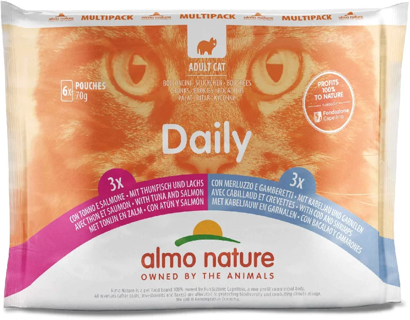 ALMO NATURE DAILY Pachet plicuri pisici cu ton şi somon, cu cod şi creveţi 6x70g