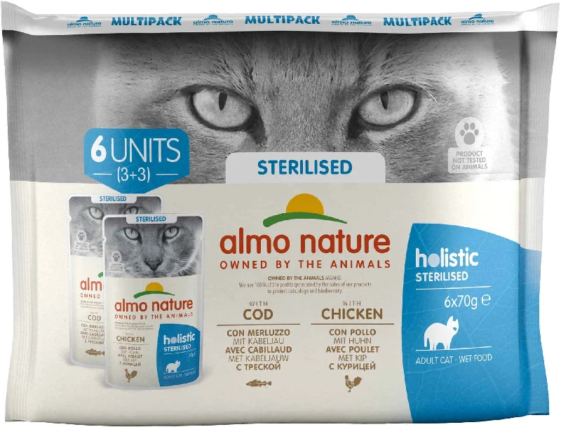 ALMO NATURE HOLISTIC Pachet plicuri pisici sterilizate, cu cod şi pui 6 x 70g