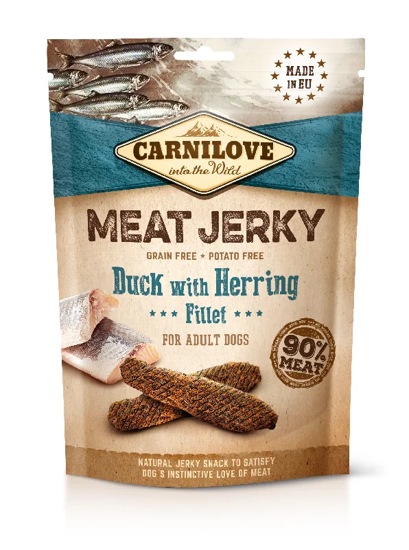 CARNILOVE Meat Jerky, pačetina s haringom, mesni fileti bez žitarica, 100g