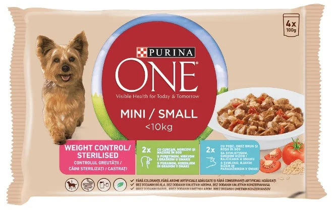 PURINA ONE Mini Plic hrană umeda pentru câini, controlul greutatii,Curcan 4x100g